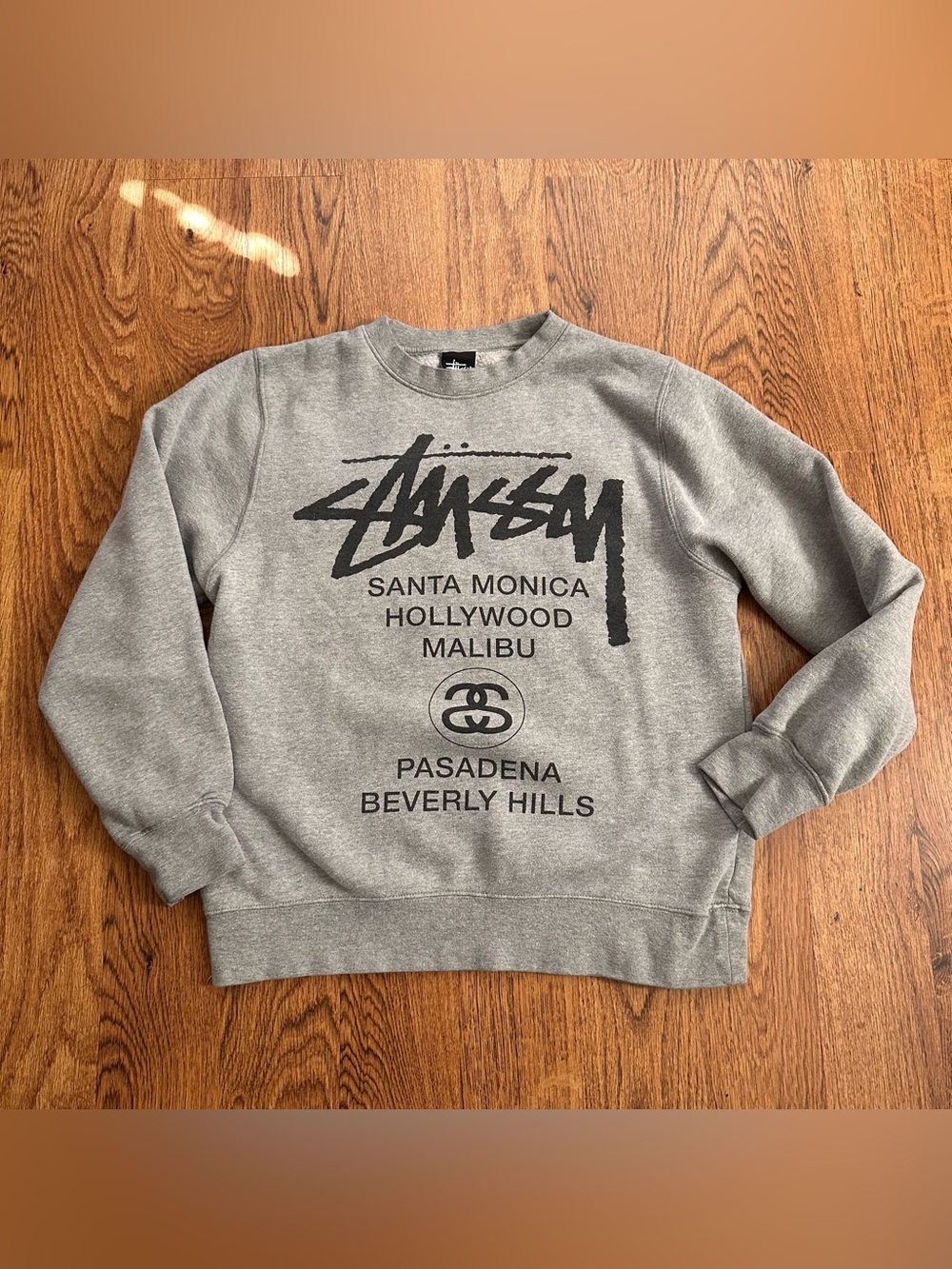 Stussy Gray Crewneck Sweatshirt with Black Logo graphic size small made in USA